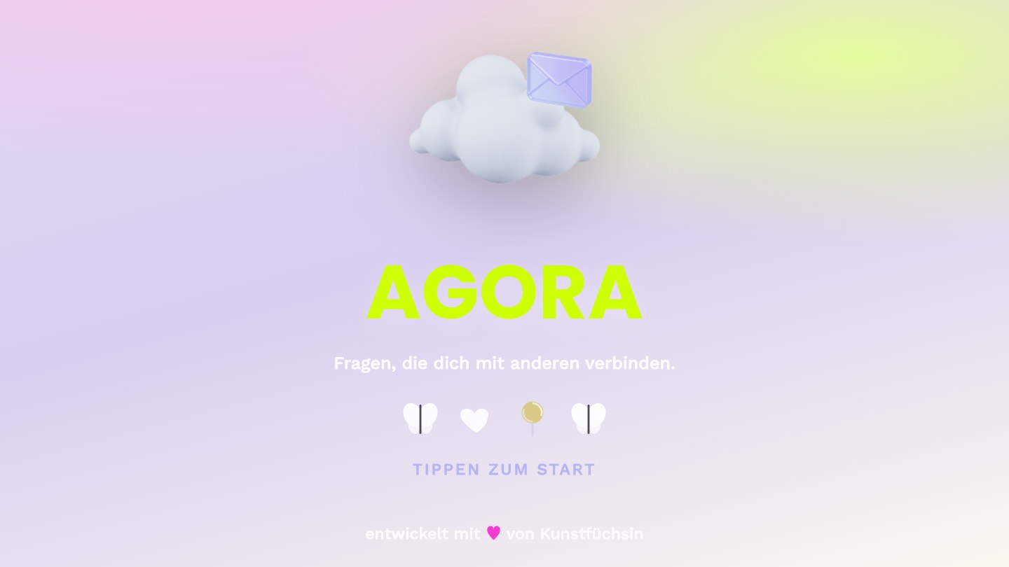 The Agora home page in pastel tones: the question "Wer seid ihr wirklich?" and the five sets to choose from below.