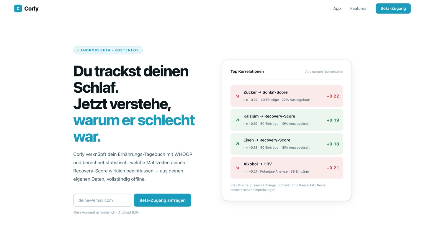 The Corly home page: the headline "Du trackst deinen Schlaf. Jetzt verstehe, warum er schlecht war." next to a list of links between nutrients and sleep scores.