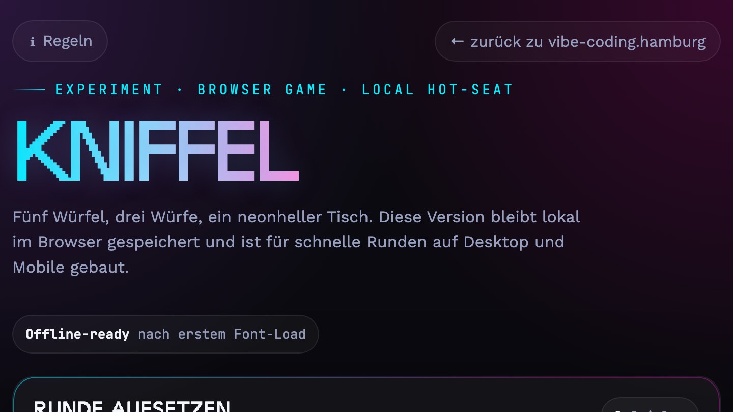 The Kniffel home page: the lettering in cyan on a dark background, the explanation below and the button to set up a round.