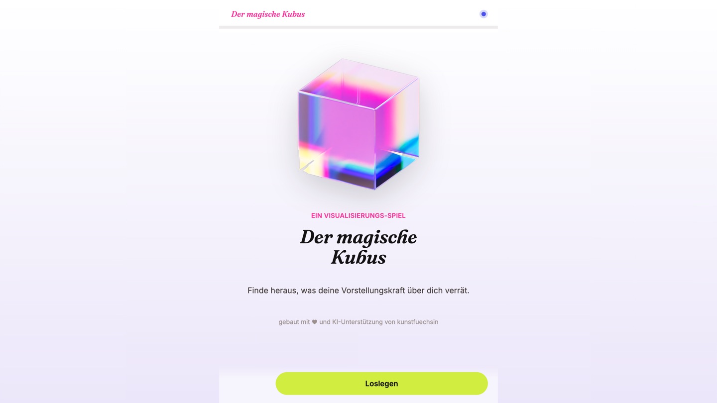 The page "Der magische Kubus": a translucent cube in pink, blue and yellow above the line "Ein Visualisierungs-Spiel" and a button "Loslegen".
