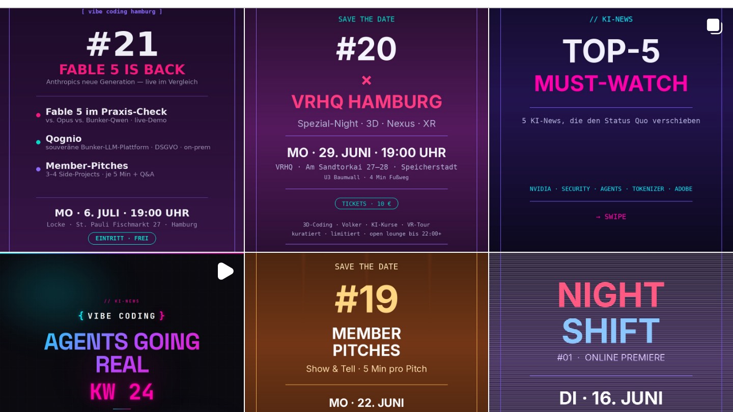 Six finished Instagram posts of the association side by side, each in a different colour, with the topics and dates of the Monday evenings.