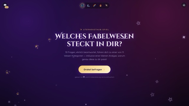 Die Seite „Sternenstaub-Spiel“ mit der Frage „Welches Fabelwesen steckt in dir?“.