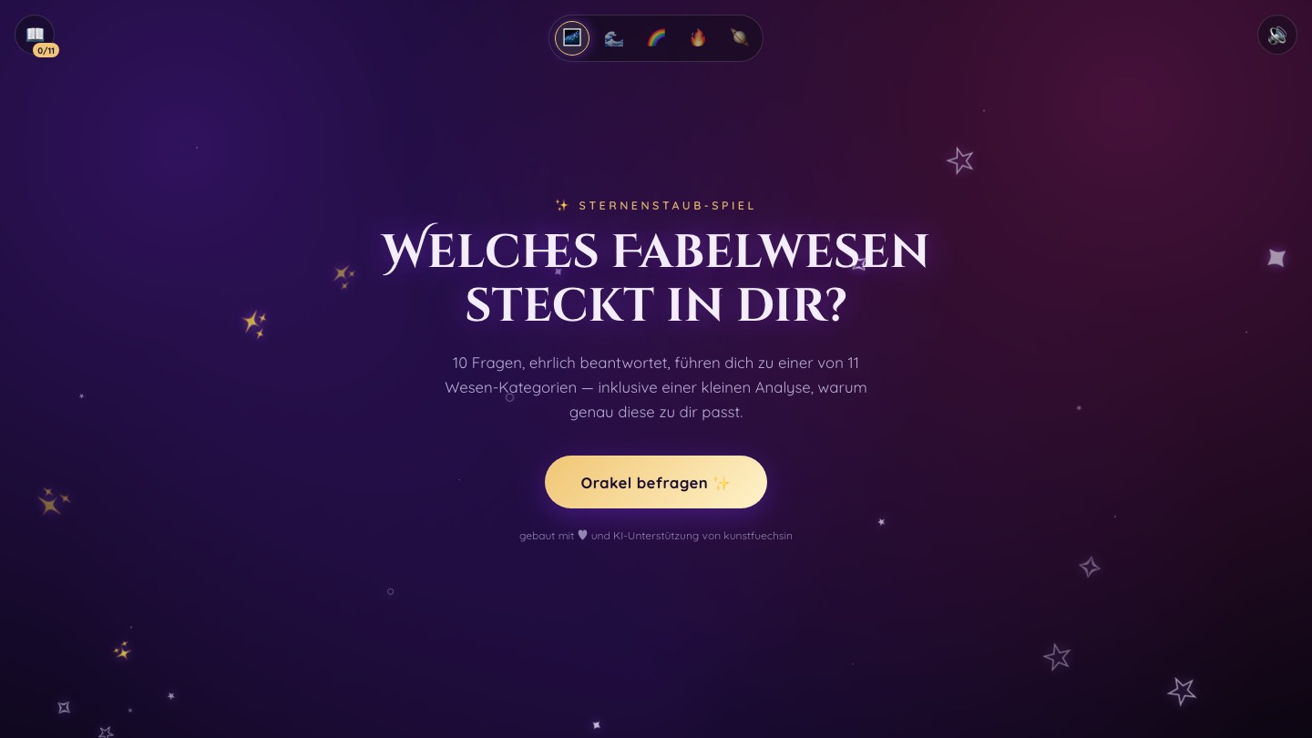 The "Sternenstaub" website: over a dark purple starry sky, the question "Which mythical creature is in you?" and a golden "Ask the oracle" button.