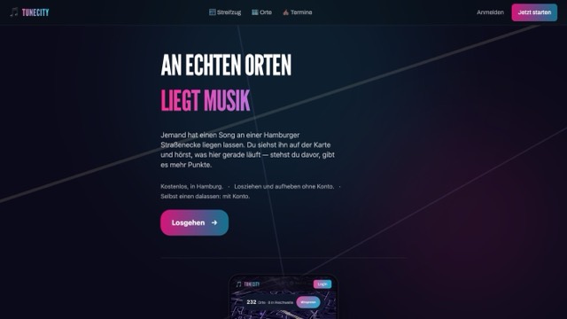 Die Seite TuneCity: „An echten Orten liegt Musik“ über einer Karte von Hamburg.