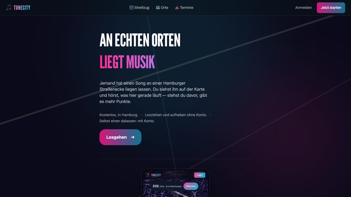 The TuneCity home page: on a dark background the headline "An echten Orten liegt Musik", a button "Losgehen" below and a preview of a map with song locations.