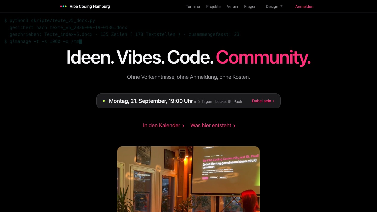 The new vibe-coding.hamburg site: the line "Ideen. Vibes. Code. Community.", below it the next Monday and a photo of an evening at the Locke.