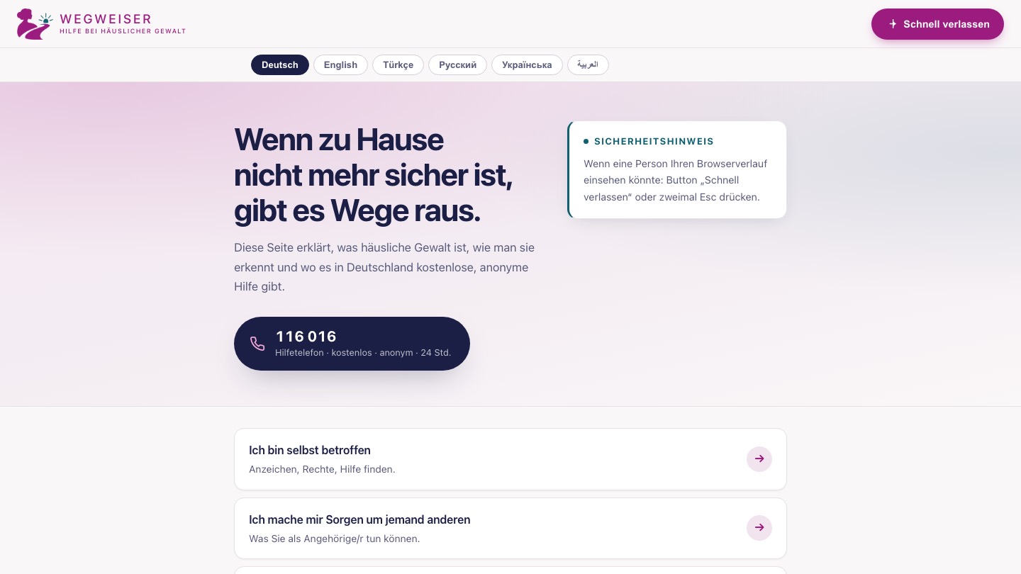 The "Wegweiser" website: the headline "When home is no longer safe, there are ways out.", below it the helpline number 116 016, at the top a "Quick exit" button and a choice of six languages.